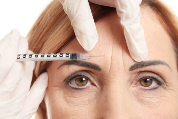 Forehead injection procedure showing Botox vs hyaluronic acid treatment application techniques