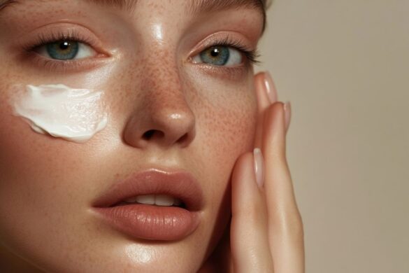 Close-up of woman applying moisturizer as part of Korean skincare routine steps