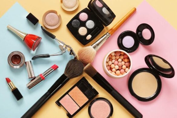 Vibrant array of safe makeup products displayed on colorful background for children's party use