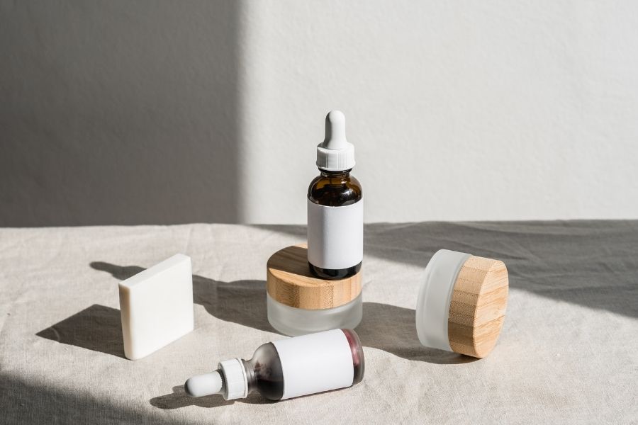 Minimalist skincare products arrangement highlighting concerns about expired cosmetics and product safety