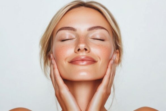Blonde woman demonstrating relaxation benefits of yoga for glowing skin