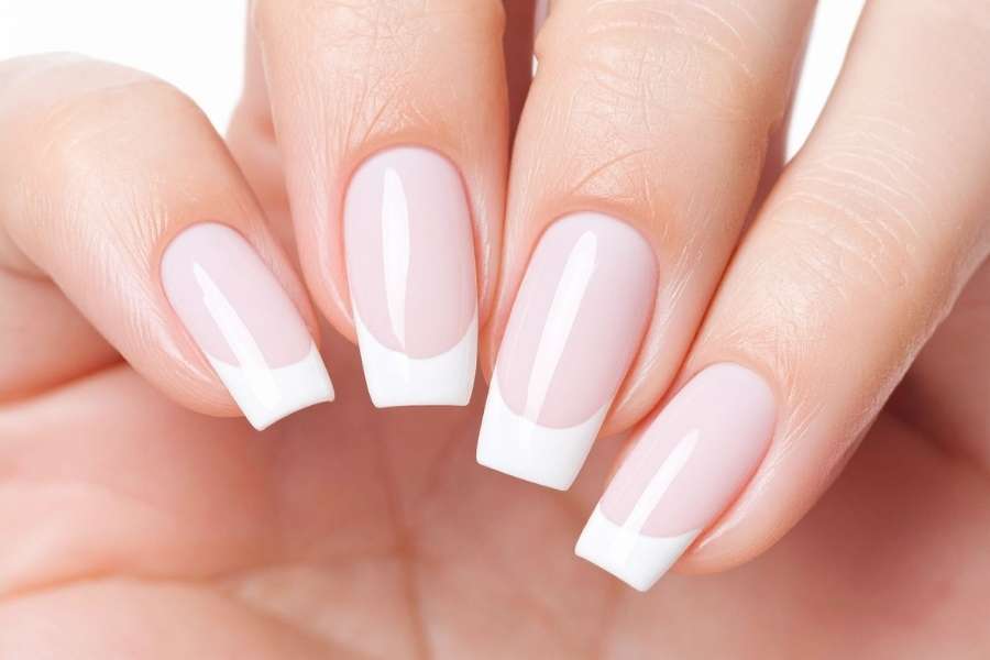 Close-up of coffin-shaped nails with modern French manicure design