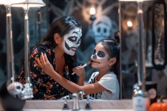 Mother and daughter applying Halloween special effects makeup together creating skull face designs