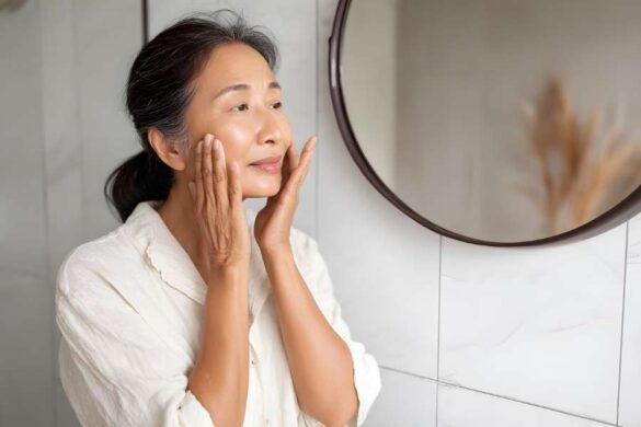 Mature woman gently applying cream to her face while practicing her Morning skincare routine.