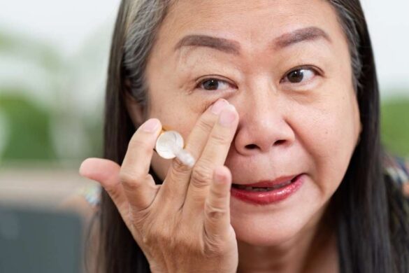 Mature Asian woman applying under eye concealer with gentle patting technique