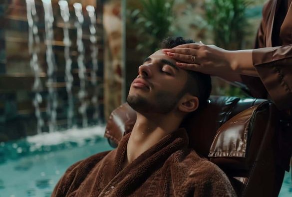 Gros plan d’un homme recevant un massage crânien relaxant par un thérapeute, idéal pour illustrer un service de massage in Dubai.