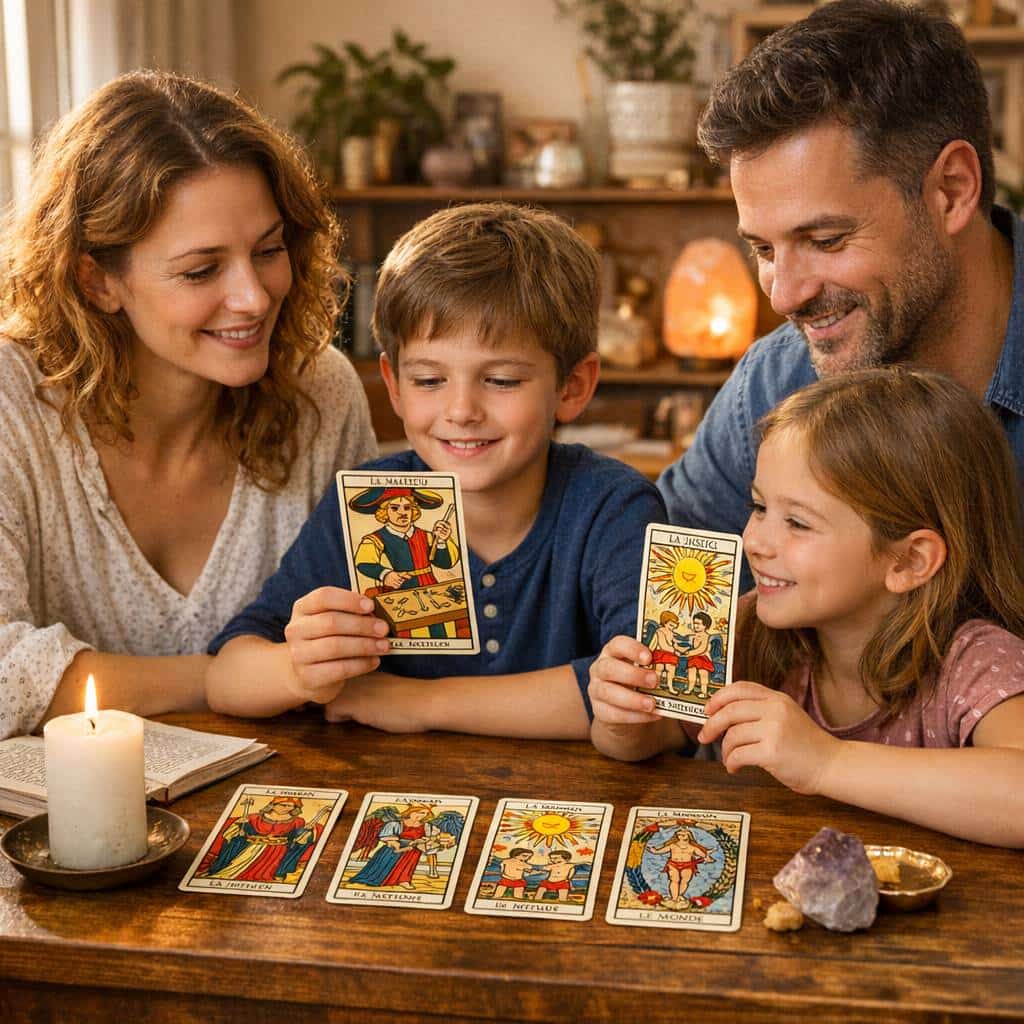 A smiling family with two children discovering tarot cards together around a candlelit wooden table