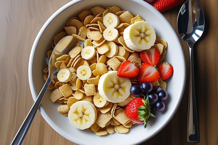 A bowl of cereal topped with fresh fruit, representing a healthy daily nutrition choice.